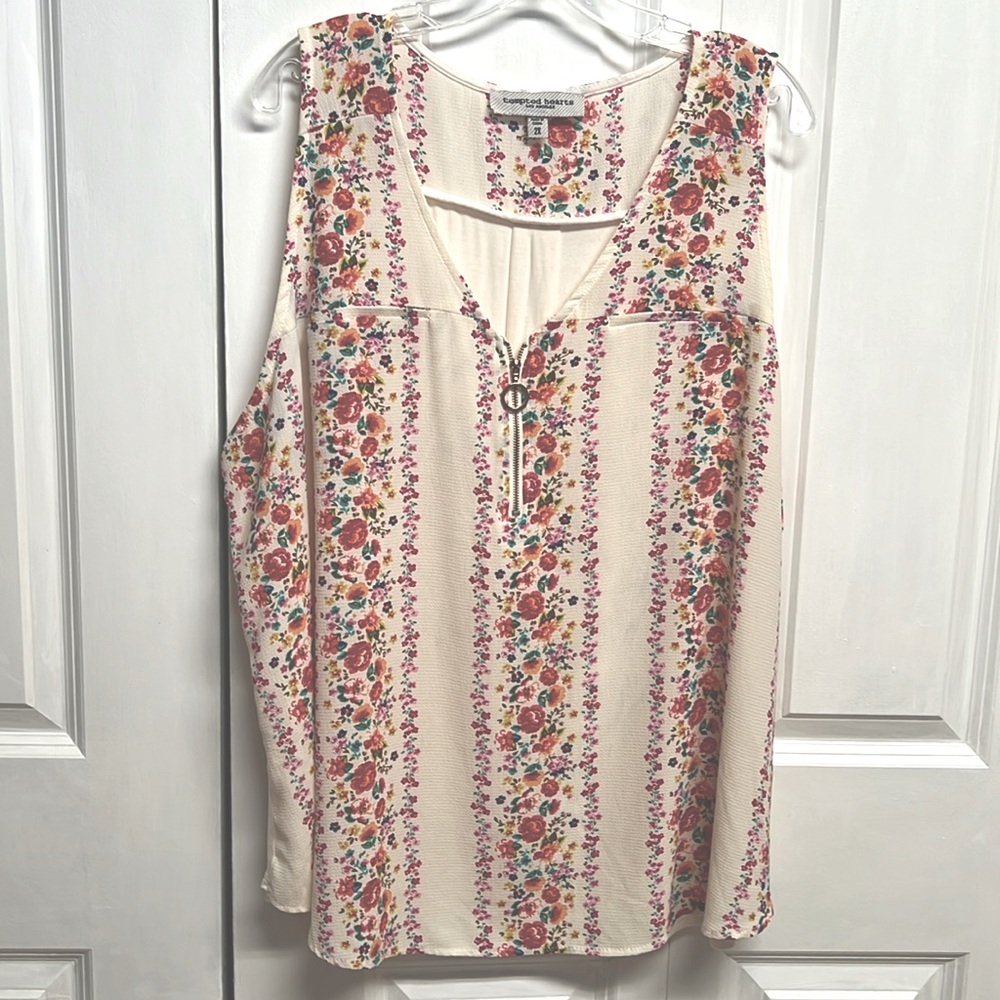 Tempted Hearts Cream Pink Floral Print Zip Neck Sleeveless Top Size 2X